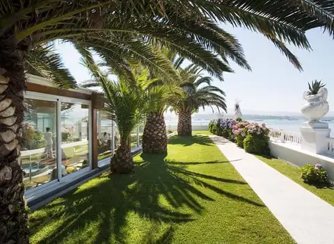 Jardín con palmeras y paseo junto a la galería acristalada del Eurostars Louxo Talaso